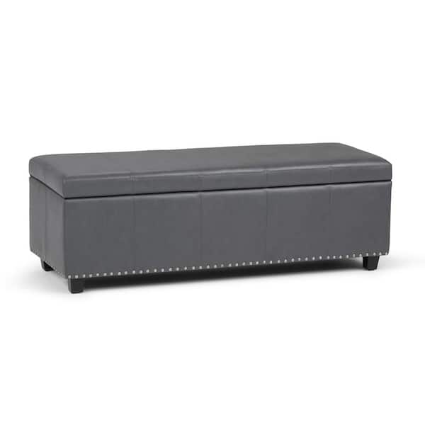 Simpli Home Kingsley 48 in. Wide Transitional Rectangle Large Storage Ottoman in Stone Grey Vegan Faux Leather, Assembled