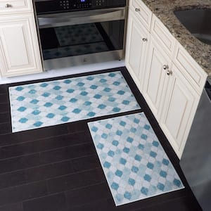 Moroccan Beige/Blue 44 in. x 24 in. and 31.5 in. x 20 in. Washable, Thin, Multipurpose Kitchen Rug Mat (Set of 2)