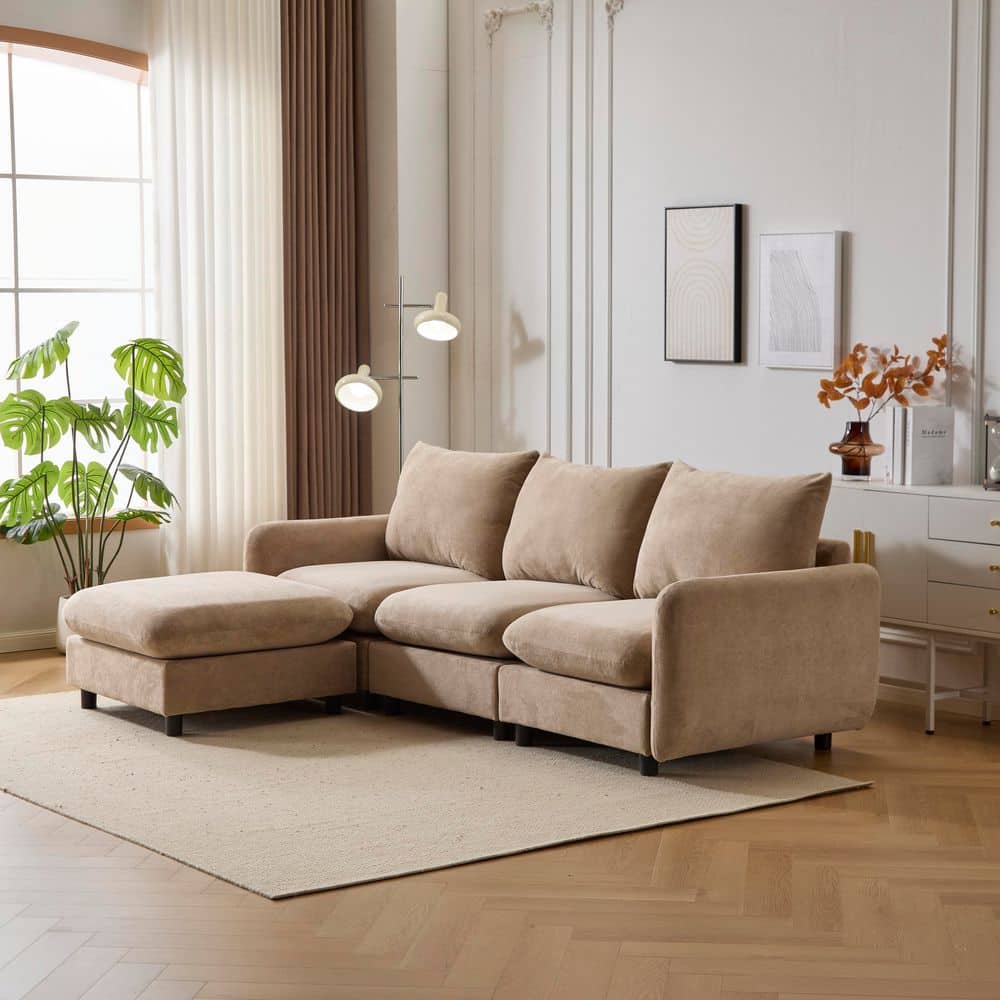 Windsor 99.5 in. Modern 4-Seater Polyester Fabric Upholstered Wood Modular Sectional Sofa with Ottoman in. Brown, Nomad