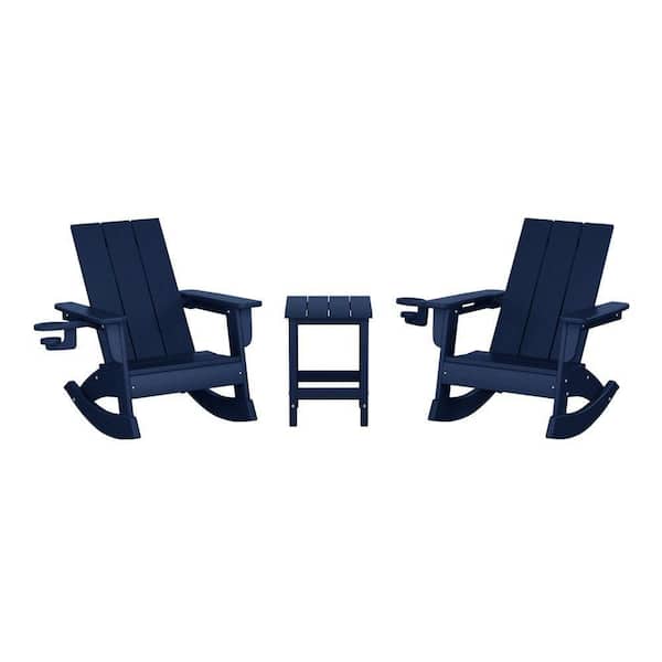 Children's Shoreside Navy Blue All Weather Poly Plastic 3-Piece Kids Indoor/ Outdoor Rocking Chairs and Table Set