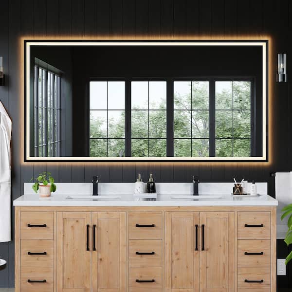 Apollo 84 in. W x 42 in. H Rectangular Framed LED Wall Bathroom Vanity Mirror in Matt Black