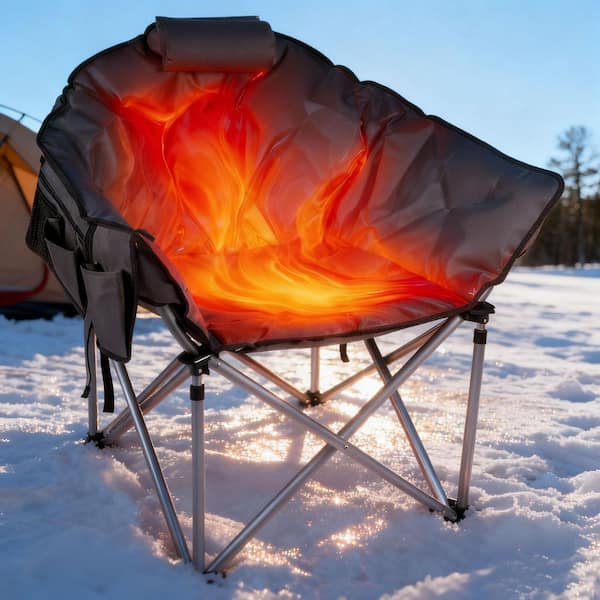 Outdoor Oversized Foldable Heated Camping Black Patio Chair with Metal Frame