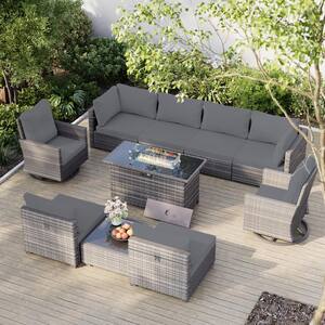 10-Piece Wicker Patio Conversation Set with 50,000 BTU Wicker Firepit Table, Swivel Chairs and Dark Gray Cushions