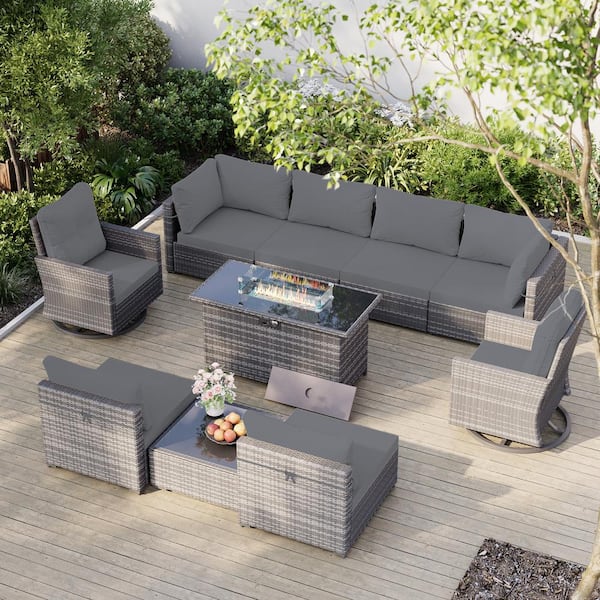 UPHA 10-Piece Wicker Patio Conversation Set with 50,000 BTU Wicker Firepit Table, Swivel Chairs and Dark Gray Cushions