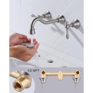 Double Handle 3-Hole Brass Wall Mounted Antique Bathroom Sink Faucet in Brushed Nickel
