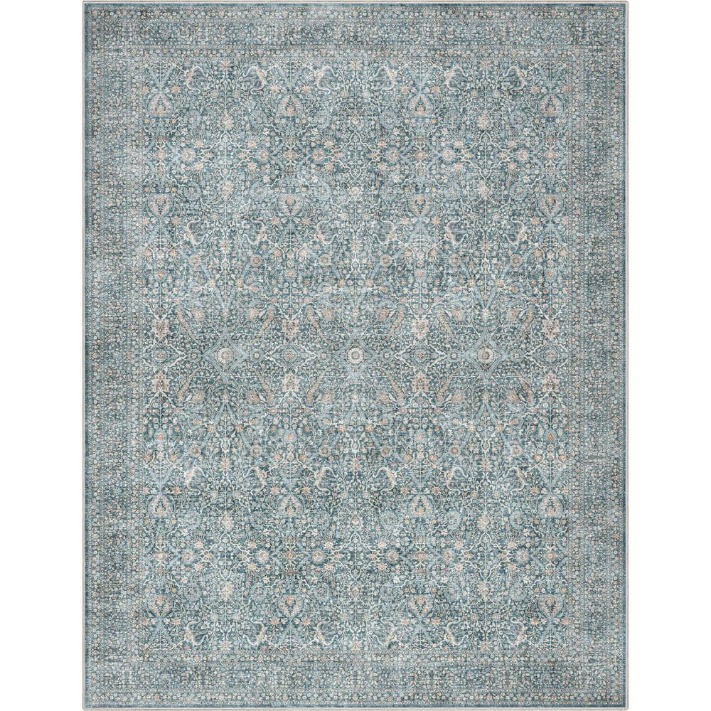 Blue Red 8' x 10' Chenille Oriental Washable Area Rug