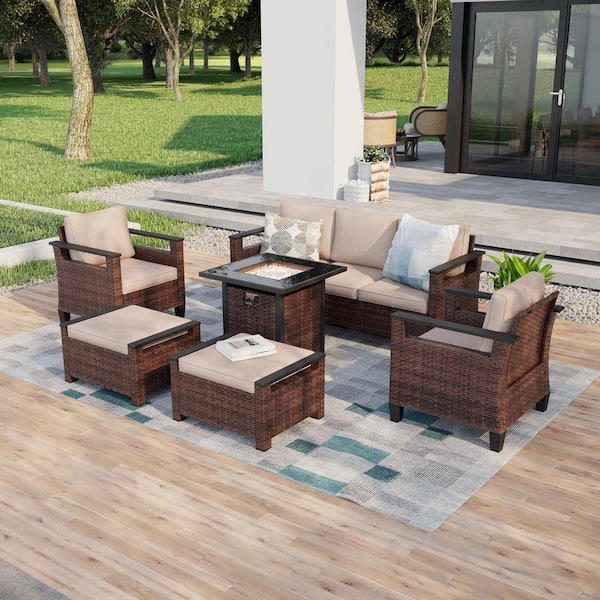 6 Pieces Brown Wicker Sand Cushion Patio Conversation Set with Square Firepit Table and Ottomans