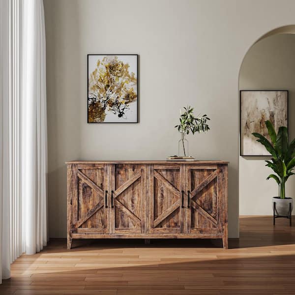 Otis Espresso Wood Modern Buffet 59 in. W Sideboard with 4 Doors and 4 Open Shelves