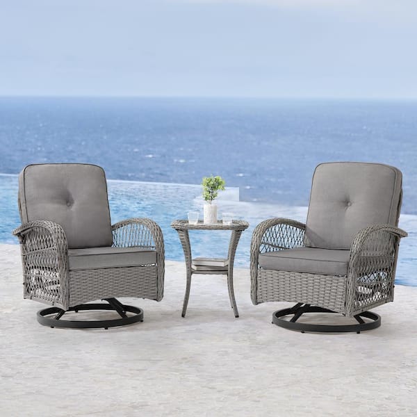 Hotormer Kovach 3-Piece PE Wicker Patio Conversation Set with Light Gray Cushion Rattan Swivel Rocking Chair and Side Table