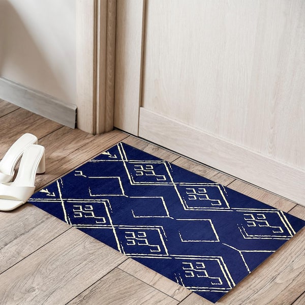 Aspen Navy Creme 2 ft. x 3 ft. Machine Washable Tribal Moroccan Bohemian Polyester Non-Slip Backing Area Rug
