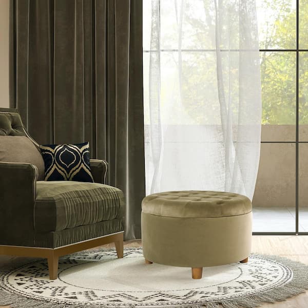 Homepop Button Tufted Light Sage Green Velvet Round Storage Ottoman
