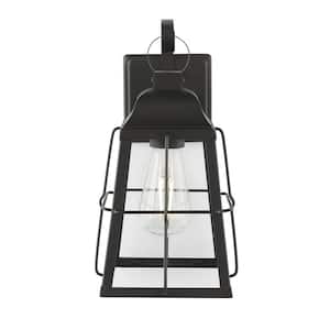 Feldner 8.5 in. 1-Light Black Hardwired Outdoor Wall Lantern Sconce with Clear Glass Shade