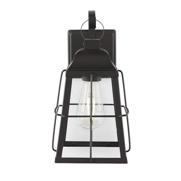 Hampton Bay Feldner 8.5 in. 1-Light Black Hardwired Outdoor Wall Lantern Sconce with Clear Glass Shade