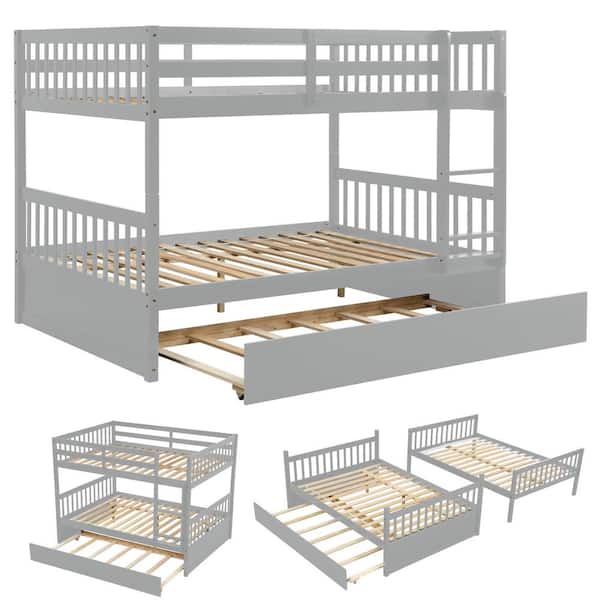 YOFE Gray Full Wood Bunk Bed with Ladder and Safety Rails, Convertible to Separate 2-Beds