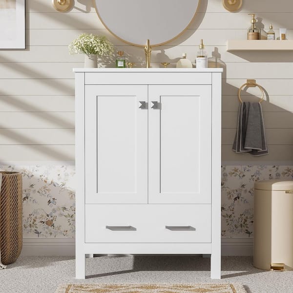 24 in. W Modern Freestanding Single Sink White Bath Vanity with White Ceramic Top, Door Storage Rack (Unassembled)