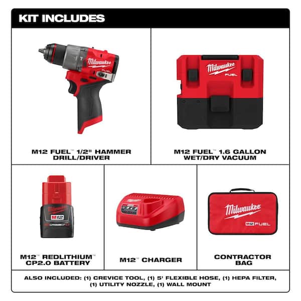 M12 FUEL 12-Volt Li-Ion Brushless Cordless 1/2 in. Hammer Drill w 2.0Ah Battery, Charger & M12 FUEL 1.6 Gal. Wet/Dry Vac