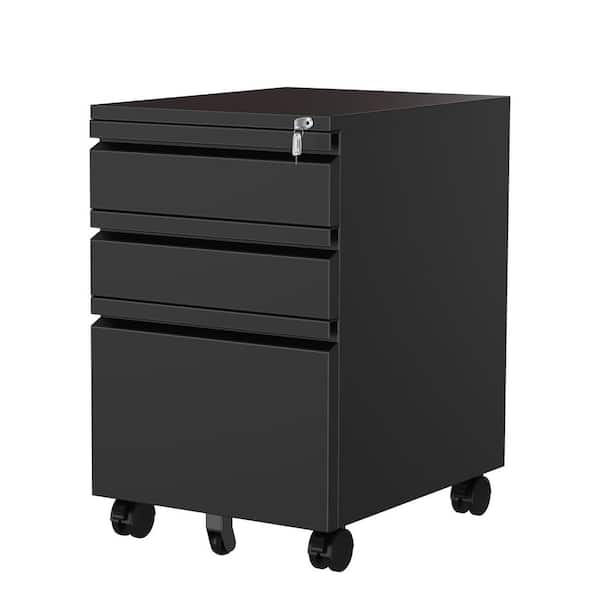 Mlezan Black Mobile File Cabinet 14.6 in. W x 17.7 in. D Letter/Legal Metal 3-Drawer with Lock on Wheels