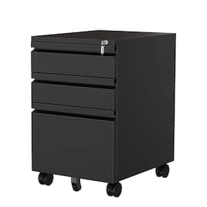 Black Mobile File Cabinet 14.6 in. W x 17.7 in. D Letter/Legal Metal 3-Drawer with Lock on Wheels