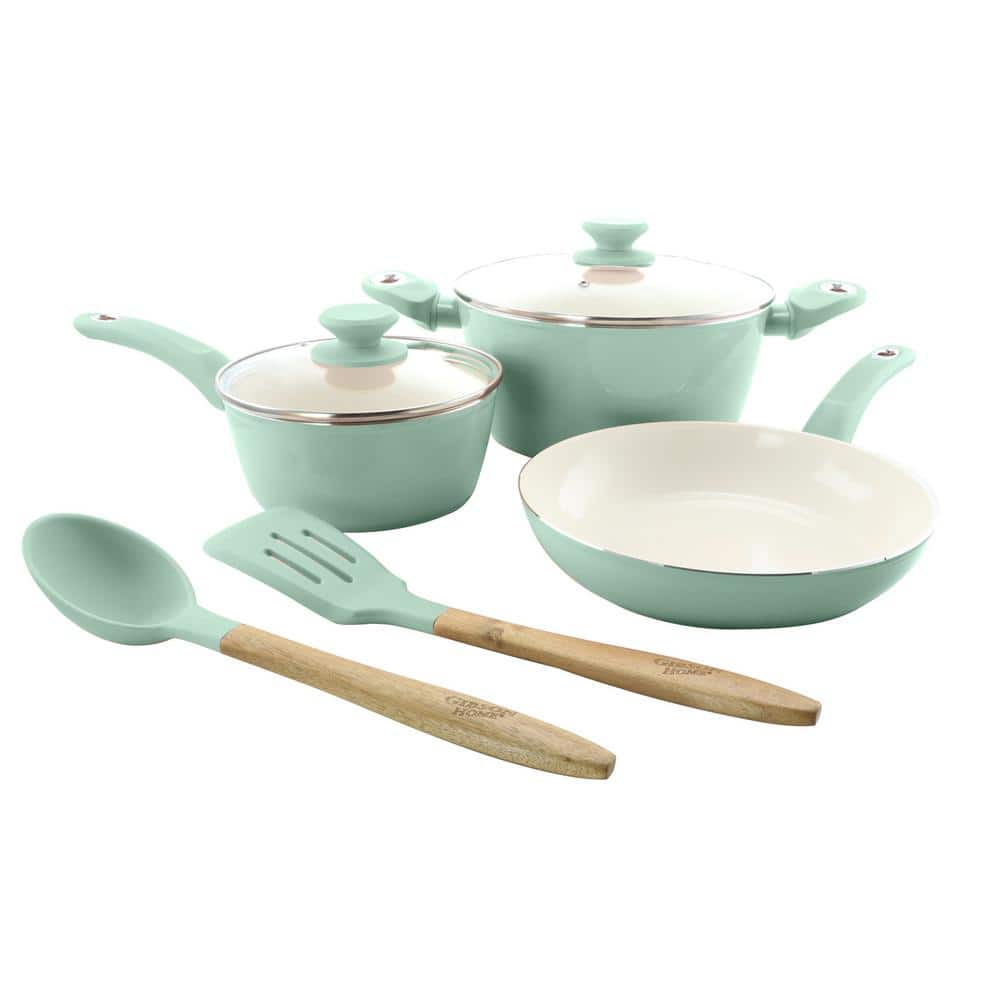 Sky Blue Aluminum Nonstick 7-Piece Cookware Set with Wooden Handles