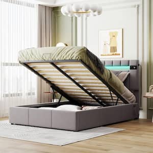 Gray Wood Frame Upholstered Full Platform Bed with Storage, LED Light, Bluetooth Player and USB Charging