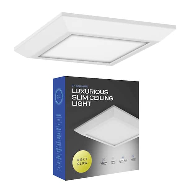 NEXT GLOW Ultra Slim Luxurious Edge-Lit 5 in. Square White Ceiling Light 3000K LED Easy Installation Flush Mount (1-Pack)