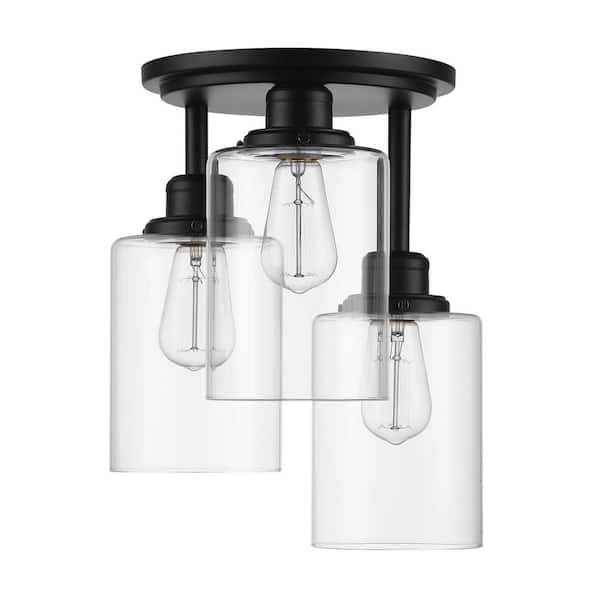Globe Electric Annecy 13 in. 3-Light Matte Black Semi-Flush Mount with Clear Glass Shades