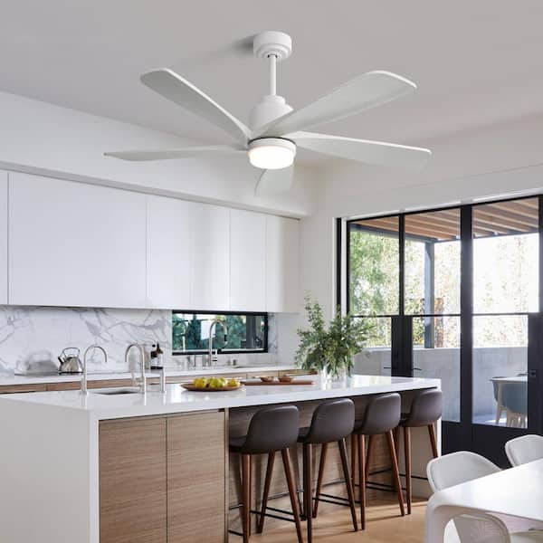 52 in. White Modern Downrod Mount Standard Ceiling Fan with Remote Control Dimmable LED Light, 5 Solid Wood Blades