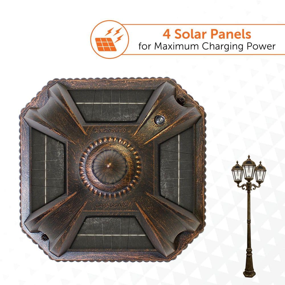Weathered Bronze Triple Head Solar Lamp Post with LED Lights