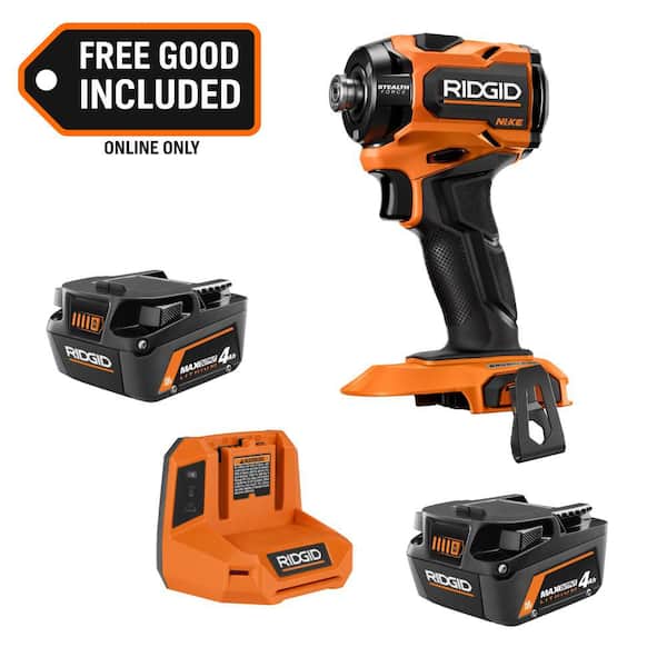 Home Depot: RIDGID 18V MAX Output Starter Kit w/ (2) 4.0 Ah Batteries & Charger w/ 18V NUKE SubCompact Brushless Stealth Force Pulse Driver (AC8609340SB-RNKSID03B)