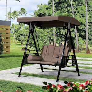 2-Person Steel Metal Patio Swing with Canopy and Cushions, Beige