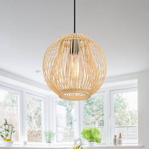 Madison 60-Watt 1 Light Hanging Black Pendant Light With Blonde Round Rattan Shade, No Bulbs Included