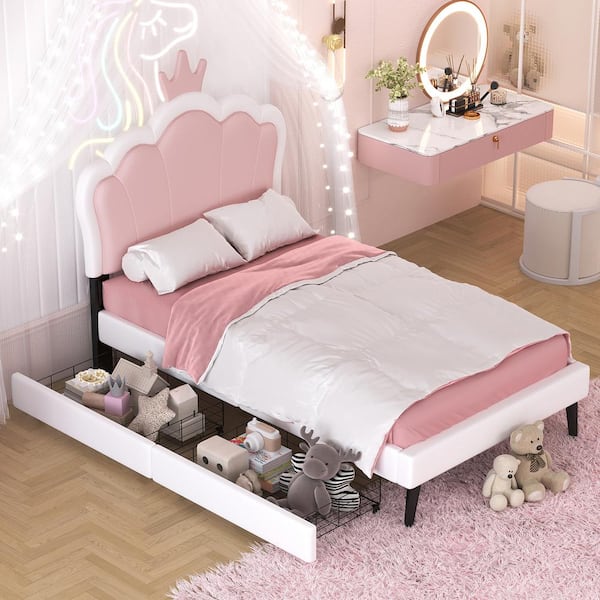 White and Pink Wood Frame Twin Size Princess Platform Bed with Crown Headboard and 2 Drawers