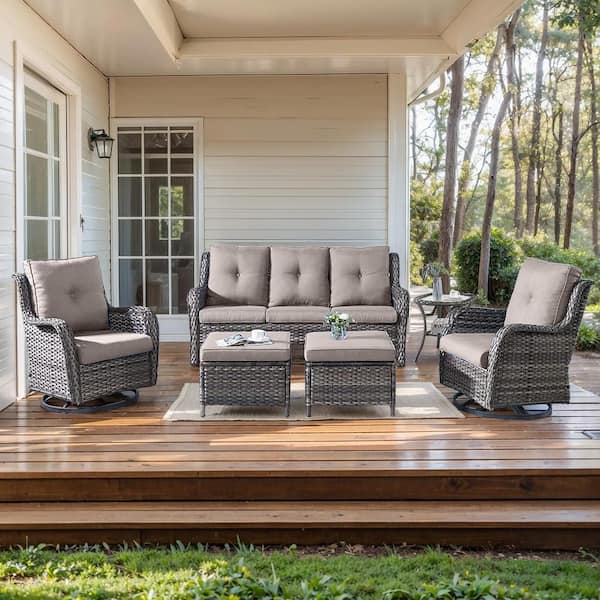 moosprr 6-Piece Gray Wicker Patio Conversation Set with Olefin Gray Cushions and Swivel Glider Chairs/Couch