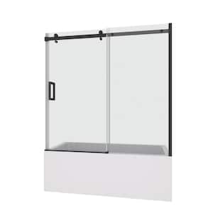 60 in. W x 58 in. H Single Sliding Frameless Shower Door in Matte Black with Smooth Sliding and 5/16 in. 8 mm Glass
