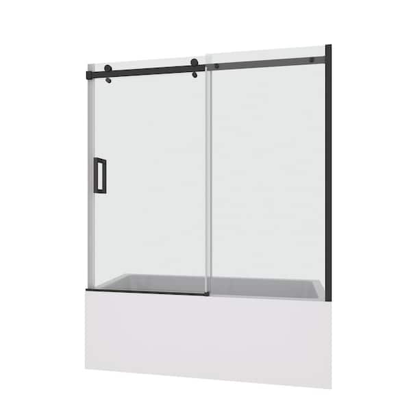 VANITYFUS 60 in. W x 58 in. H Single Sliding Frameless Shower Door in Matte Black with Smooth Sliding and 5/16 in. 8 mm Glass