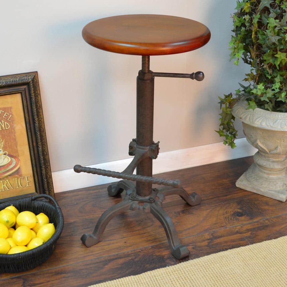 Waylon Adjustable Brown Mango Wood and Metal Swivel Stool