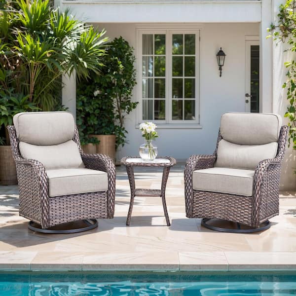 6 in Thicken 3-Piece Outdoor Brown Wicker Patio Conversation Set with Beige Cushions