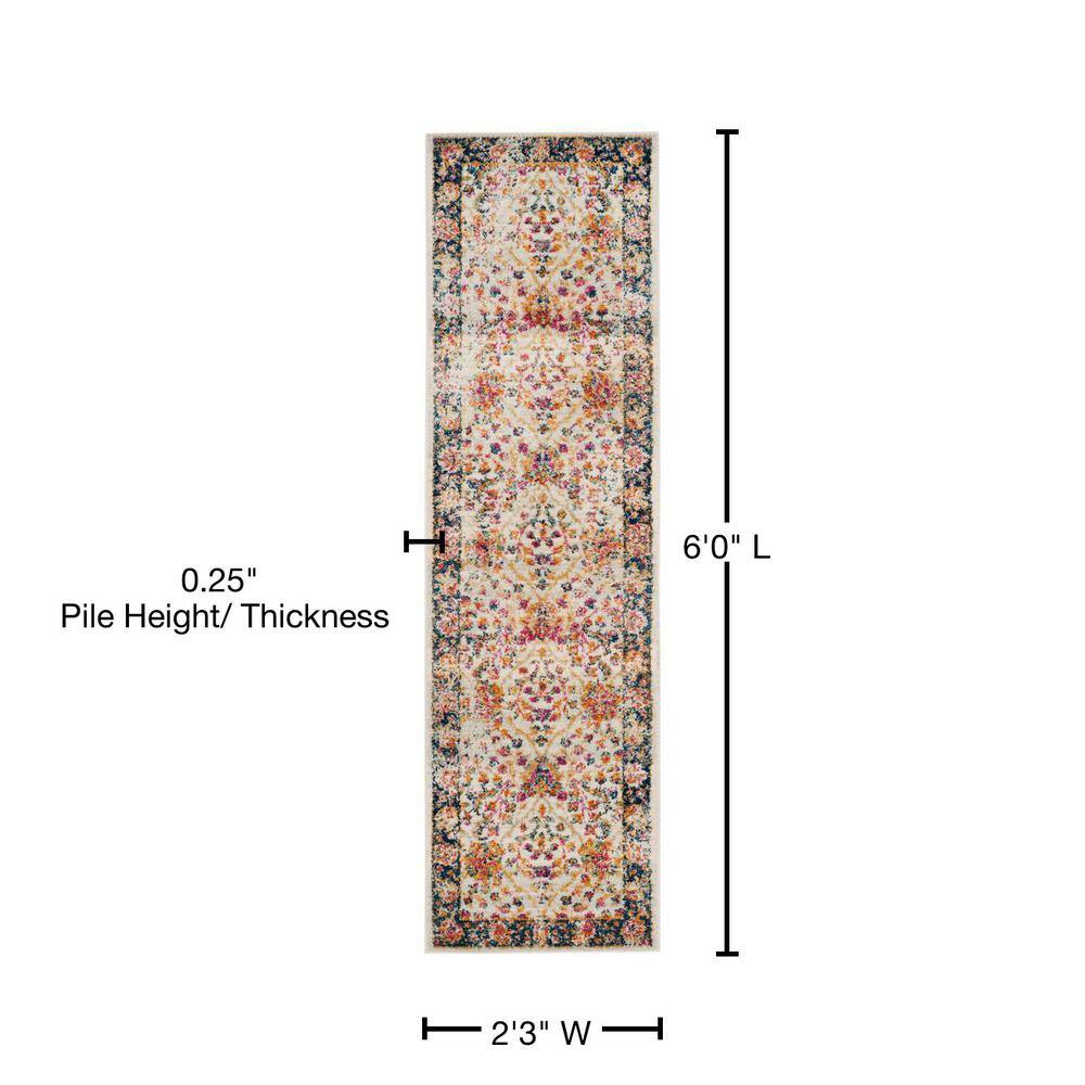 Cream and Navy Floral Motif Runner Rug