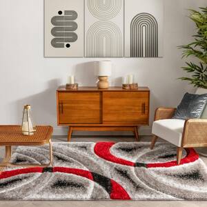 San Francisco Oahu Red Modern Geometric Arcs And Shapes 3 ft. 11 in. x 5 ft. 3 in. 3D Carved Shag Area Rug