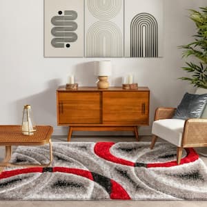 San Francisco Oahu Red Modern Geometric Arcs and Shapes 5 ft. 3 in. x 7 ft. 3 in. 3D Carved Shag Area Rug
