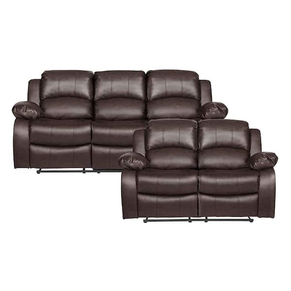 Lazzara Bianca 83 in. W. Pillow Top Arm Faux Leather Rectangle 2-Piece Manual Reclining Sofa Set in Brown
