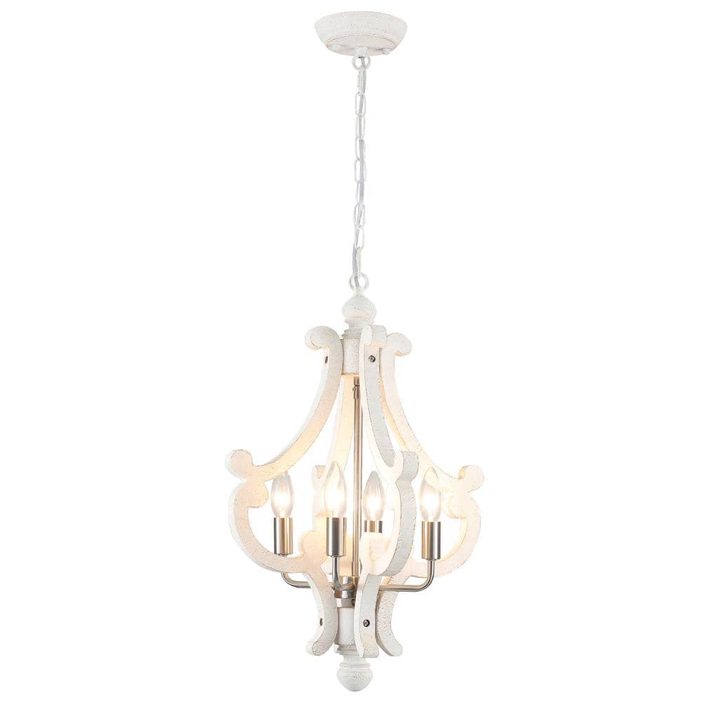 4-Light Nickel Farmhouse Chandelier Rustic White Shade Wood Light Fixture C