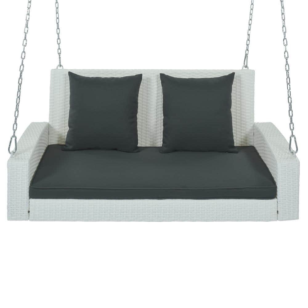 2-Person Patio Rattan Wicker Hanging Porch Swing with Black Long Cushion an