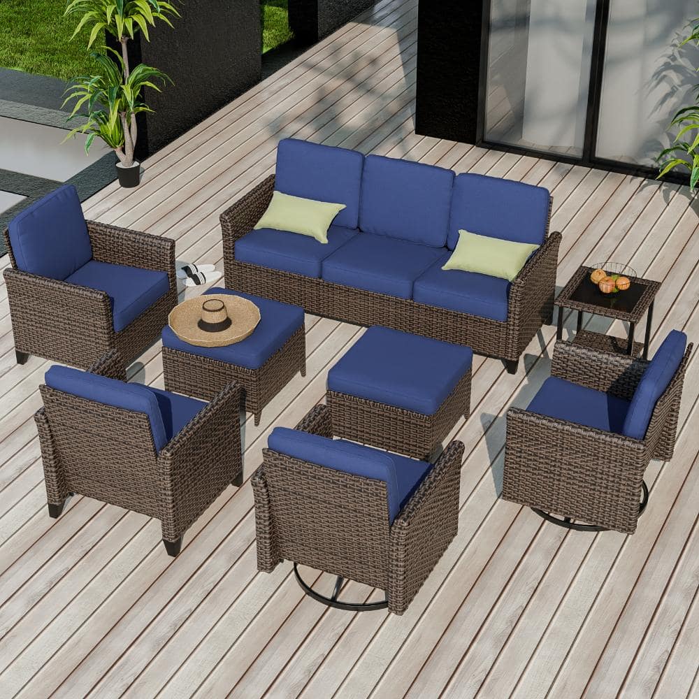 Patio Wicker Conversation Set Furniture Set 8 PCS w/ Ottoman, Swivel Chair, Armchair, 3-Seat Sofa & Side Table, Blue price history on PriceWatchPro