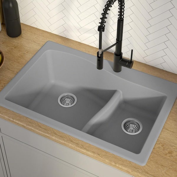 Quarza 33 in Drop-in/Undermount Double Bowl Grey Granite Composite Kitchen Sink with Grey Strainer
