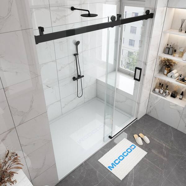 Mcocod 72 In W X 76 In H Single Sliding Frameless Soft Close Shower Door In Matte Black With 3 8 In 10 Mm Clear Glass Ss08 72x76 Bl The Home Depot