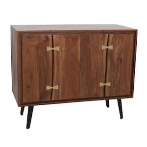 17.7 in. Brown Rectangle Wood Top Console Table with Double Doors and Metal Legs