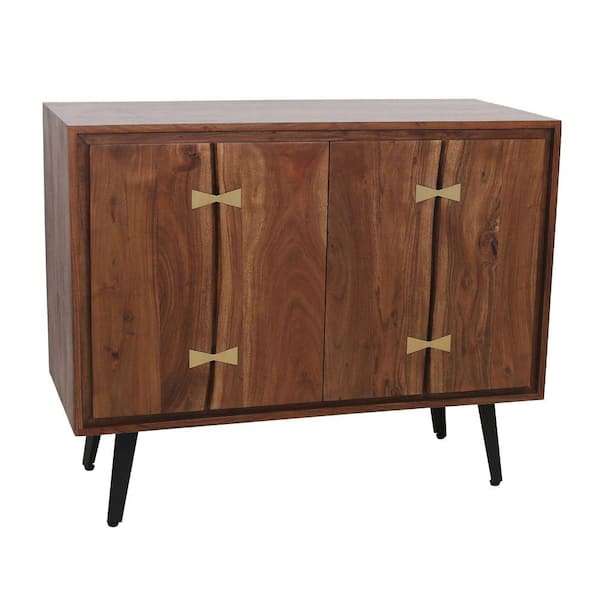 Benjara 17.7 in. Brown Rectangle Wood Top Console Table with Double Doors and Metal Legs