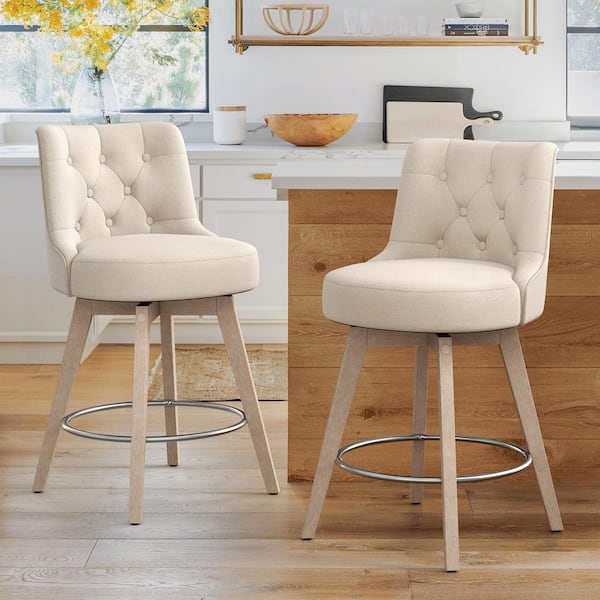 Rowland 26.5 in Seat Height Line Upholstered Fabric Counter Height Solid Wood Leg Swivel Bar stool（Set of 2）