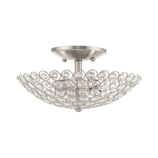 AVIANCE LIGHTING Estridge 11 in. 2-Light Brushed Nickel Semi Flush Mount with Hand Assembled Crystal Shade